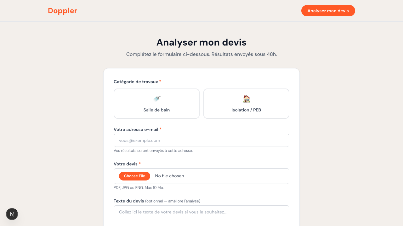 Formulaire d'upload d'un devis