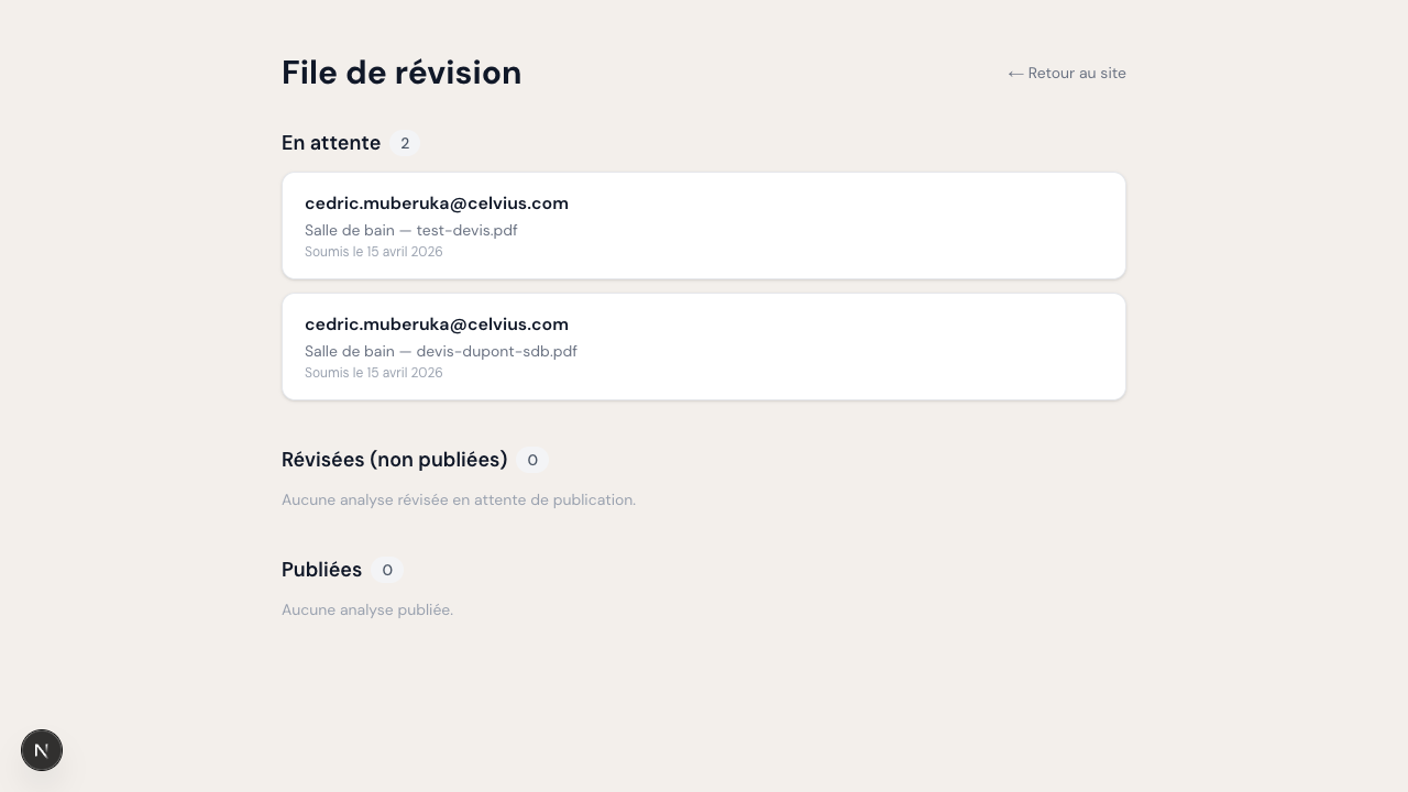 Dashboard administrateur — file de révision